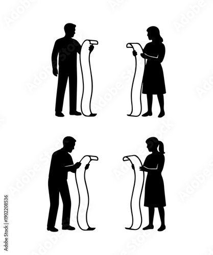 Female and male silhouette set reading long checklist or receipt bill