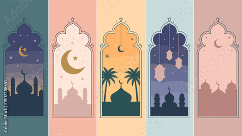 Mosque silhouettes and crescent moon designs fill islamic arch windows for Ramadan greetings