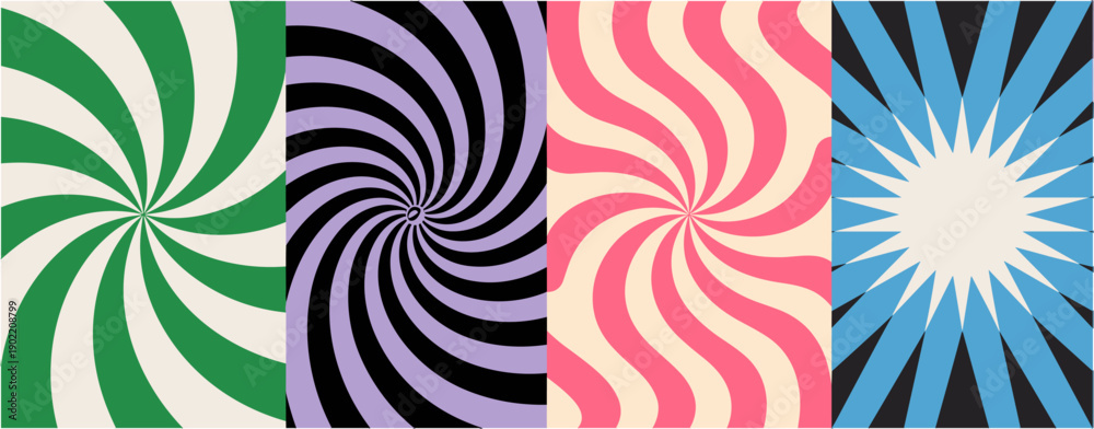 Fototapeta premium Set of retro psychedelic swirl backgrounds featuring green purple pink and blue wavy patterns for vintage designs