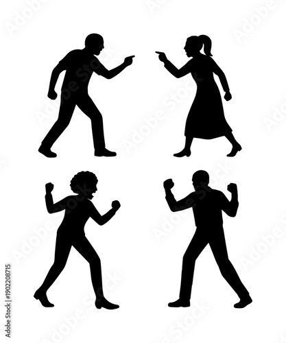 Angry women and men silhouettes yelling and pointing aggressively, conflict, fighting