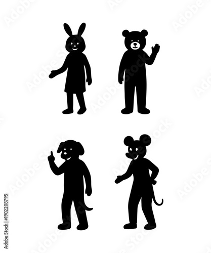 Mascot animal characters black silhouettes standing with gestures