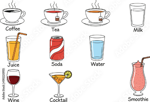 Set of hand-drawn beverage icons featuring coffee tea milk juice soda water wine cocktail and smoothie isolated on grey background