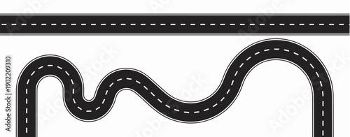 Black asphalt road with dashed white lines, straight and winding track