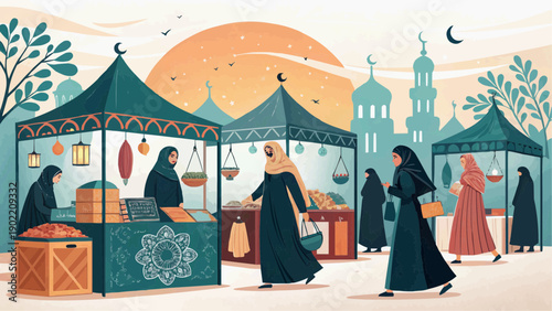Women in abaya shopping at vibrant ramadan bazaar with mosque and stalls