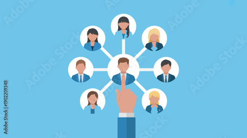 A hand pointing to a central figure in a network of connected people