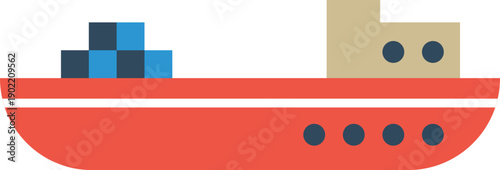 A red boat with blue and white cargo boxes on it