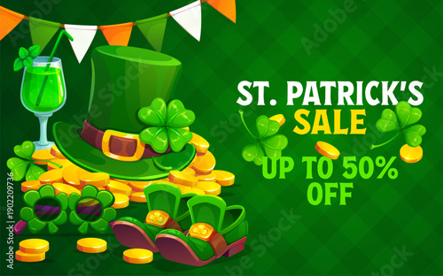 St Patricks day sale banner. Saint Patrick sale offer vector card, spring season discount flyer with leprechaun top hat, sunglasses and shoes, golden coins, Ireland garland, cocktail and clovers