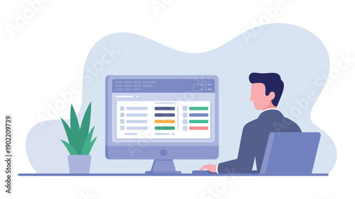 A man in a suit sits at a desk working on a computer with a plant nearby in a modern office setting.