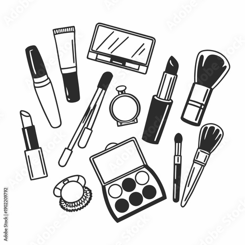 Vector illustration of a makeup set with cosmetic brushes and beauty accessories in a stylish fashion design