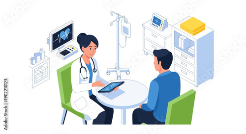 Doctor Consulting with Patient in Hospital Room.