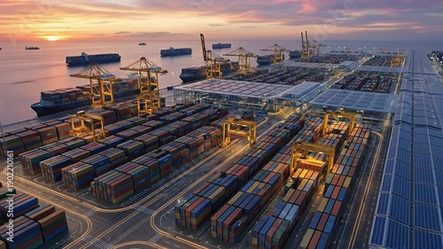Industrial cargo port with container ships. Moving cranes and autonomous trucks operating from day to night. Vast solar panels on the rooftops highlight the concept of sustainable energy in logistics