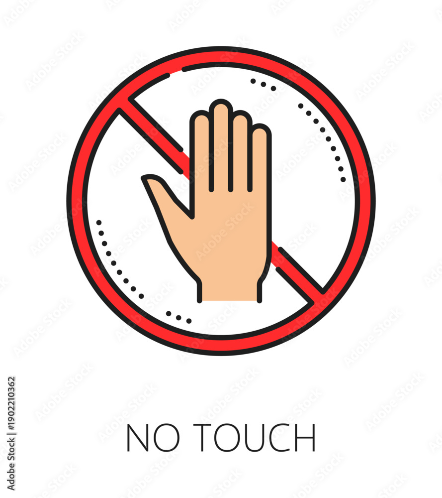 Fototapeta premium Museum art gallery and exhibition color line icon of no touch sign, vector pictogram. Museum antique exhibit or ancient masterpiece and historical artifact or relic showcase icon of no touch warning