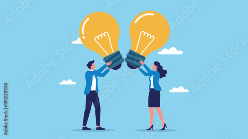 A man and woman in business attire holding up two large lightbulbs together in a blue sky with clouds