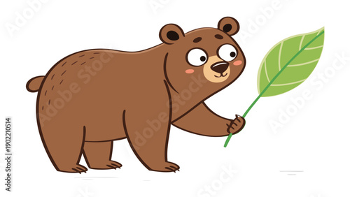 Cute brown bear holding green leaf with surprised expression