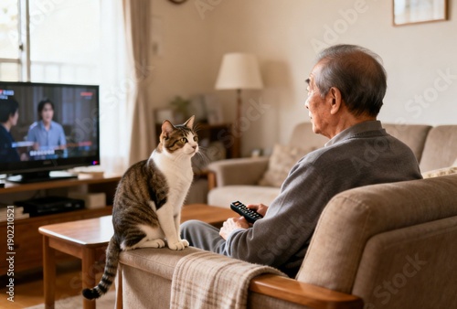 テレビを見る高齢男性の気を引こうとする猫