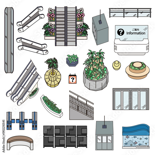 アイソメトリックな公共施設・商業施設の設備セット・ベクターイラスト素材