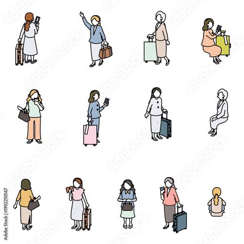 アイソメトリックな女性人物セット・旅行や出張で移動するビジネスパーソン