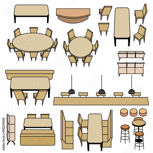 アイソメトリックなカフェ・オフィスの家具セット・インテリアのベクター素材