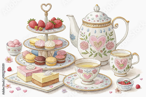 Afternoon tea for two with floral teapot cupcakes and strawberries on a white background