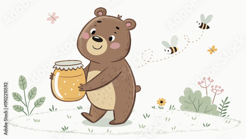 Cute bear holding honey jar surrounded by happy bees in garden