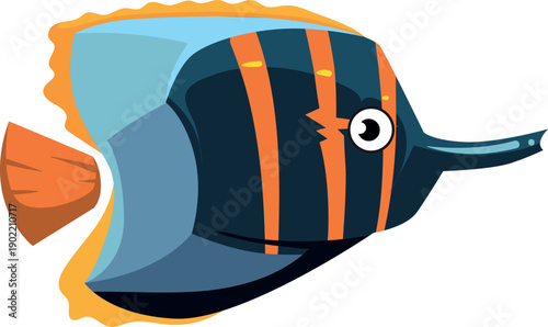 A cartoon fish with orange stripes and blue fins