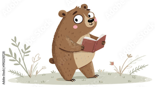 Cute bear reading book in natural outdoor setting