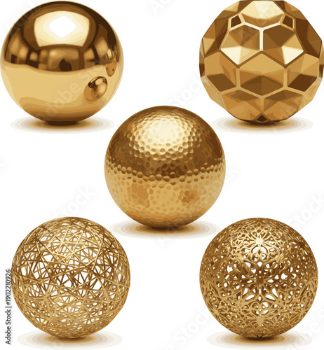 Create a kinds of deferent Golden Sphere 3d Illustration vector art with white background..