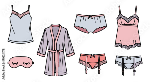 Assorted women's sleepwear and loungewear clothing items including robes, lingerie, and undergarments displayed together in a flat lay illustration from a straightforward viewpoint.