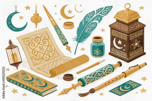 Arabic calligraphy tools and ramadan lantern on white background with moon and stars