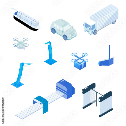 スマート物流と自動化テクノロジーのアイソメトリックイラストセット