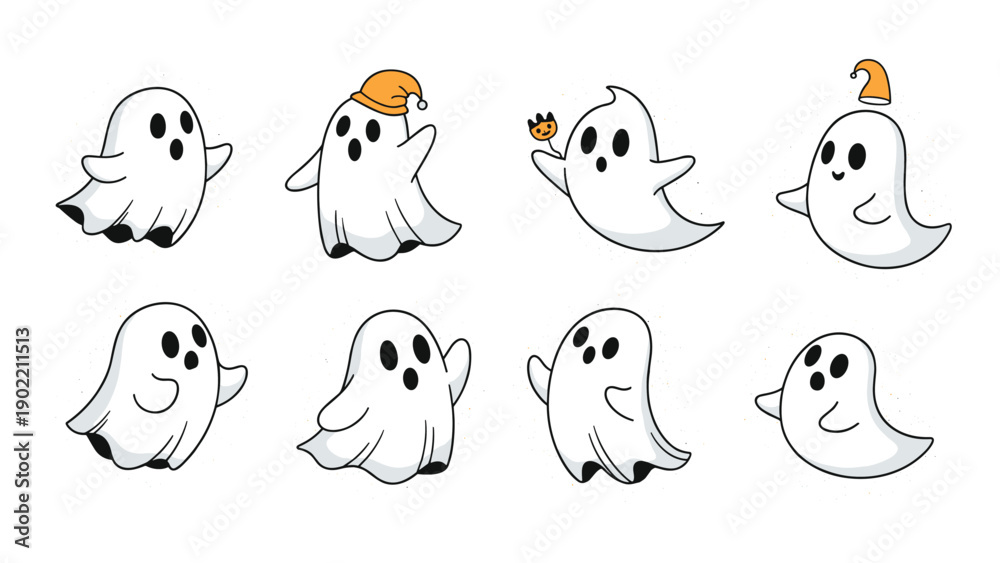Fototapeta premium Delightful collection of eight cute and friendly ghost characters, each with unique poses and playful expressions, perfect for Halloween or lighthearted spooky designs.