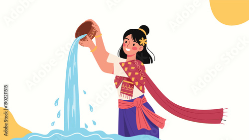 Graceful Thai woman in traditional attire gently pouring water from an ornate pot, representing the cultural rituals and blessings of the Songkran festival.