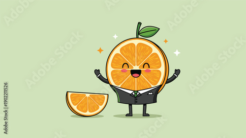 Cheerful orange slice character in a sharp business suit, happily showcasing a positive and energetic attitude, perfect for health-conscious business themes or food branding.