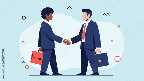 Two diverse businessmen in suits shaking hands, symbolizing successful partnership, global collaboration, and mutual respect against a modern abstract background.