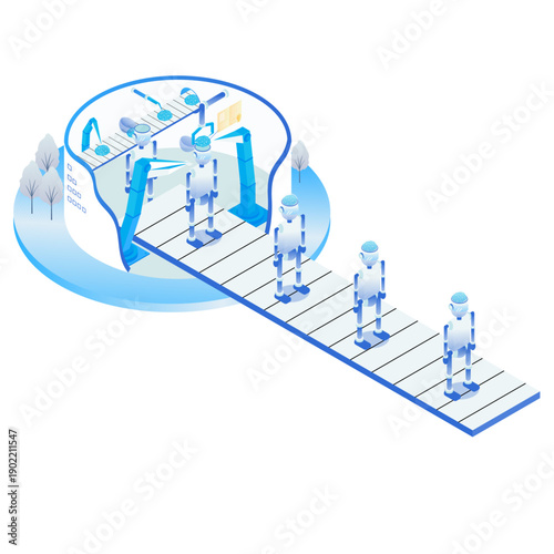 スマートファクトリーで人型ロボットを自動生産する製造ラインのイラスト