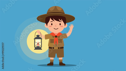 Cheerful boy scout in uniform happily holding a glowing lantern and waving, ready for an exciting night adventure or a guiding journey in the wilderness.