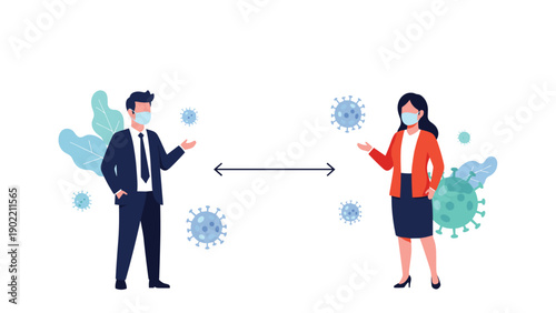 Professional man and woman in business attire wearing face masks and practicing social distancing, illustrating workplace safety and public health measures during a pandemic.