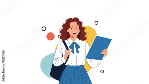 Happy female student with curly hair, holding a book and carrying a backpack, radiating enthusiasm and academic joy against a playful abstract background.