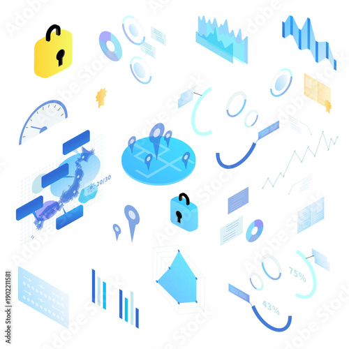 ビッグデータ・日本地図・グラフ・セキュリティのアイソメトリックアイコンセット