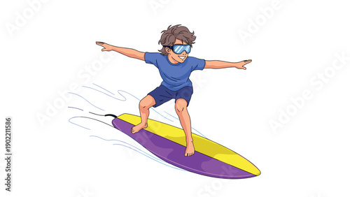 Energetic young boy with goggles confidently surfing on a vibrant, colorful surfboard, skillfully riding waves and embodying summer fun and exciting ocean activities.