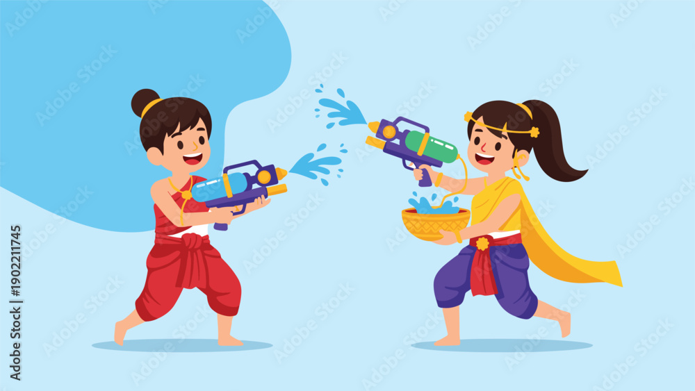 Naklejka premium Cheerful Thai children in traditional costumes joyfully playing with water guns and splashing bowls during the festive Songkran celebration, embodying cultural fun.