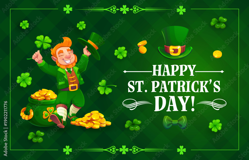 Obraz premium Happy St Patrick Day holiday greeting card with funny leprechaun and gold coins pot, cartoon vector. Saint Patrick Irish holiday greeting with shamrock clovers and happy leprechaun character with hat