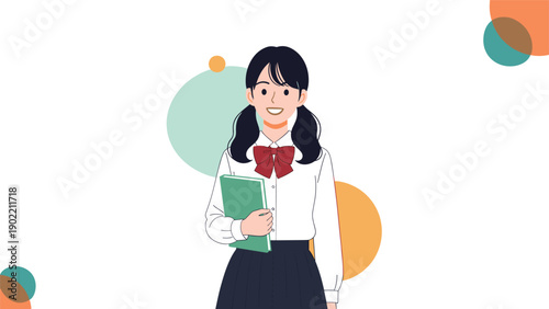 Smiling Japanese schoolgirl with pigtails holding a book, dressed in a traditional uniform, representing education and youthful enthusiasm against an abstract background.