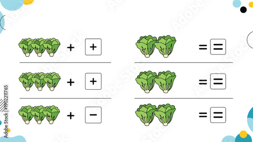 Engaging educational illustration featuring simple addition and subtraction math problems using cartoon bunches of lettuce, ideal for children's early learning.