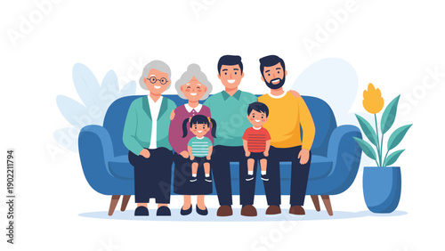 Happy multi-generational family, including grandparents, parents, and two young children, happily sitting together on a blue sofa, representing family bonds and togetherness.