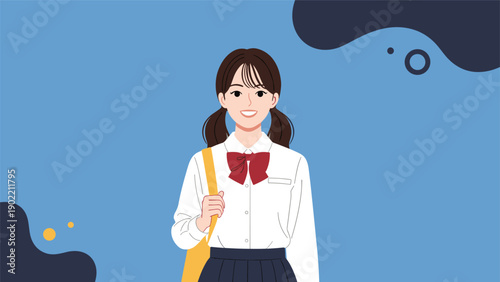 Smiling Japanese schoolgirl with pigtails carrying a yellow shoulder bag, dressed in a traditional uniform, representing education and youthful enthusiasm against a blue abstract background.