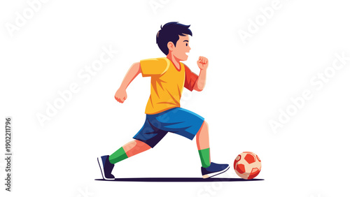 Energetic young boy happily dribbling a soccer ball, showcasing his enthusiasm for sports and active outdoor play on a bright day.
