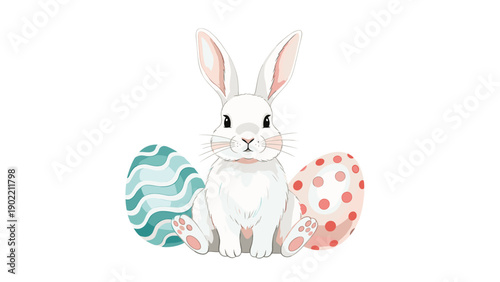 Charming white Easter bunny sitting calmly between two beautifully decorated Easter eggs, creating a delightful and festive scene for the holiday season.