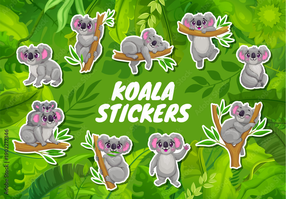Fototapeta premium Cartoon koala bear characters stickers of funny Australian animal, vector pack. Cute cheerful koala mother with baby sleeping or hanging on eucalyptus tree branch, playing and smiling for kid stickers