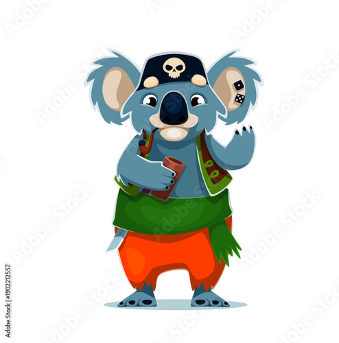 Cartoon koala bear pirate or corsair animal vector character smoking pipe. Caribbean corsair koala with dice in cup in orange trousers, green belt and Caribbean captain sailor black hat with skull